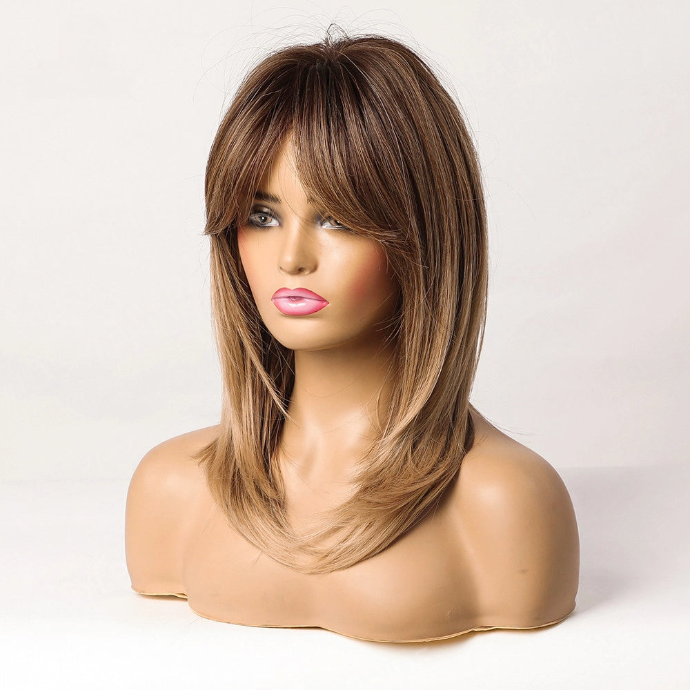 Shoulder Length Warm Brown Caramel Straight Wig with Bangs - Synthetic Hair