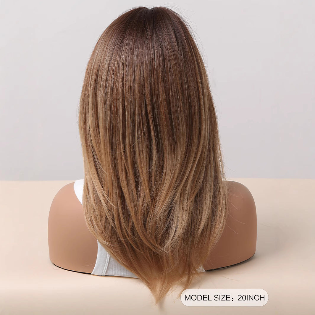 Shoulder Length Warm Brown Caramel Straight Wig with Bangs - Synthetic Hair