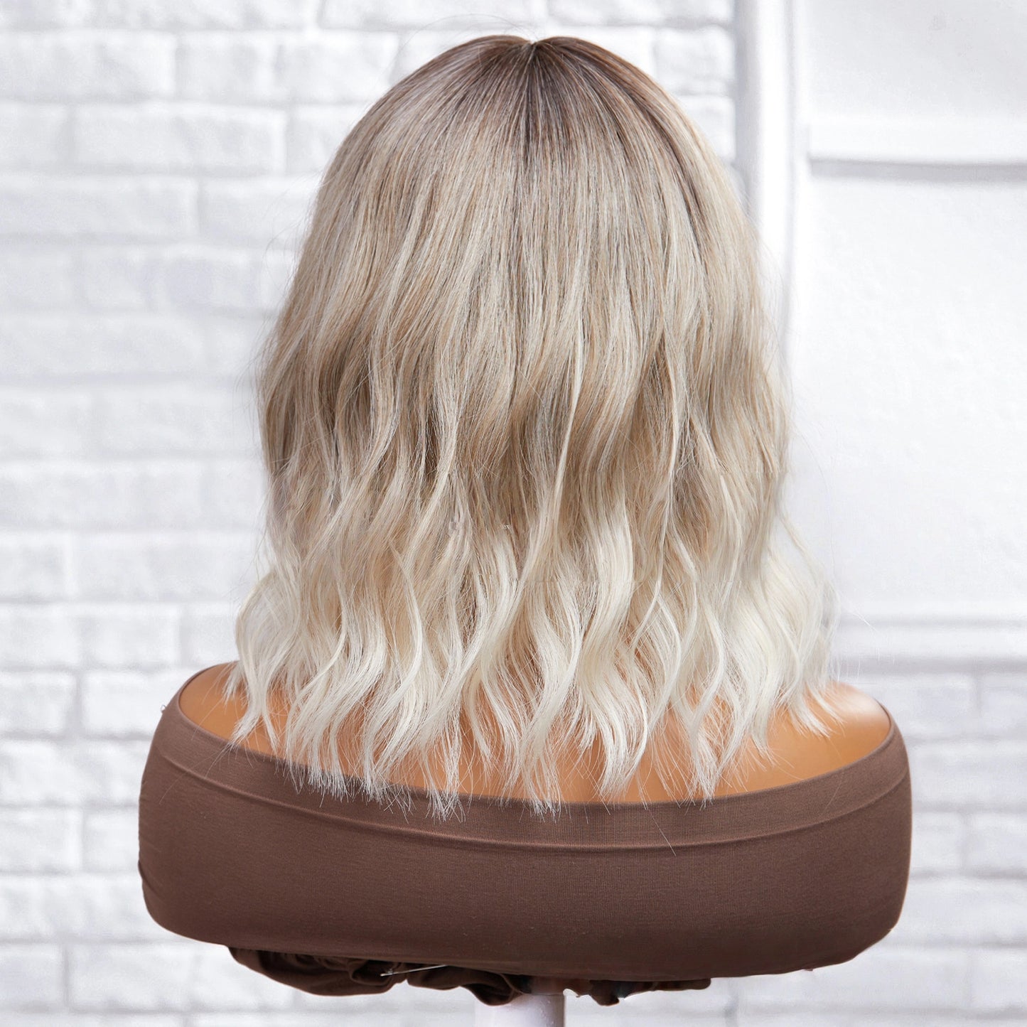 Ash Blonde Rooted Body Wave Wig with Bangs – Dark Root Platinum Tips Synthetic Hair