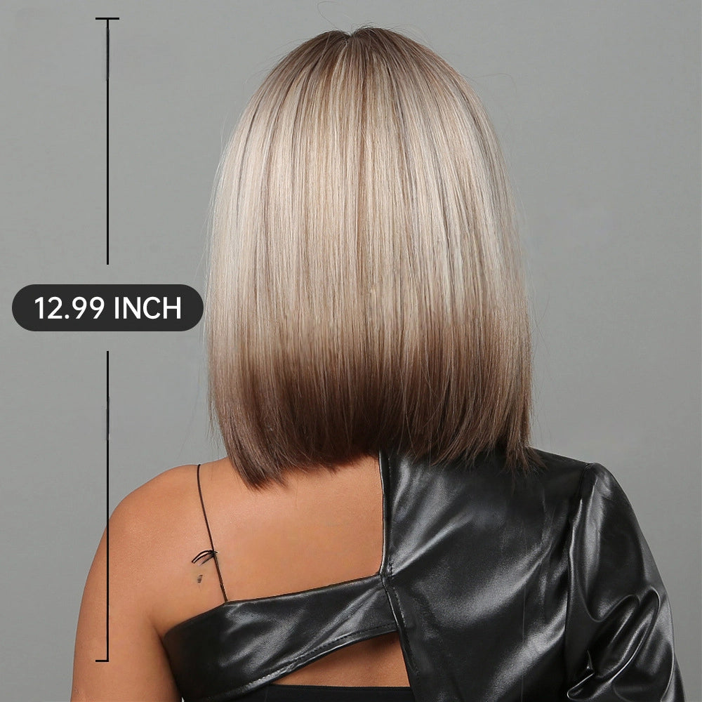 Ash Blonde Rooted Short Bob Wig – Dark Root Silver Tip Synthetic Hair