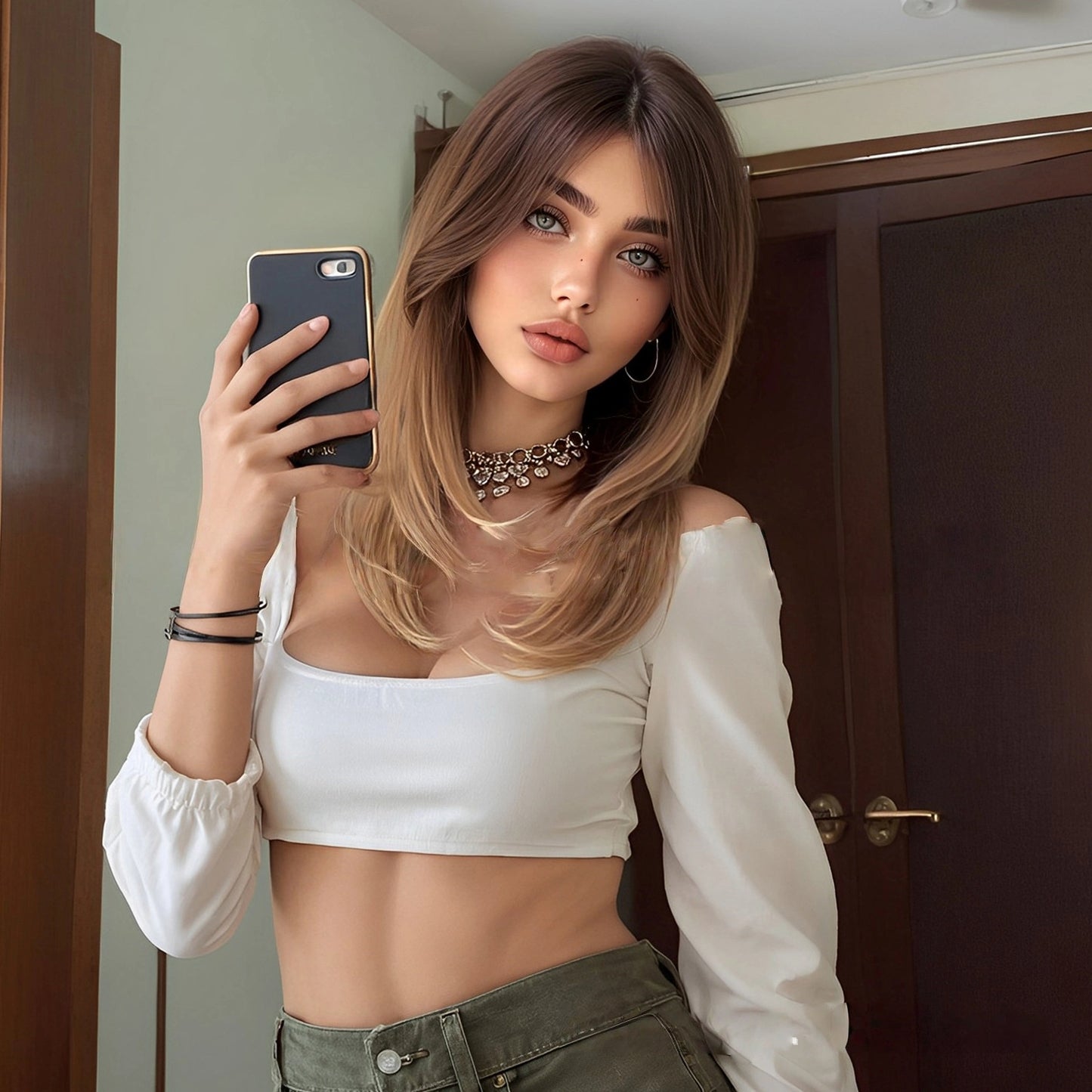 Warm Brown Caramel Balayage Straight Wig with Bangs – Sun-Kissed Shoulder Length Synthetic Hair product image