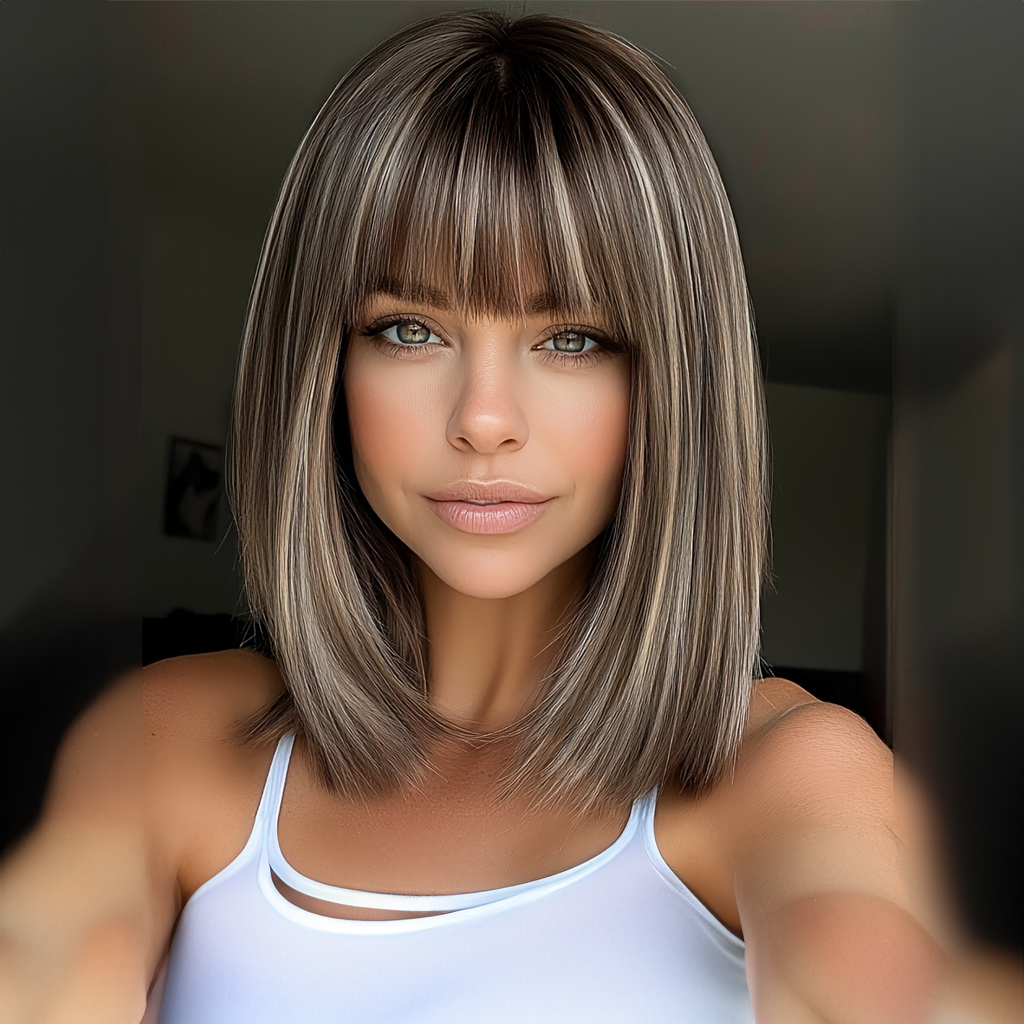 ash brown balayage 12 inch short bob synthetic wig with bangs front view