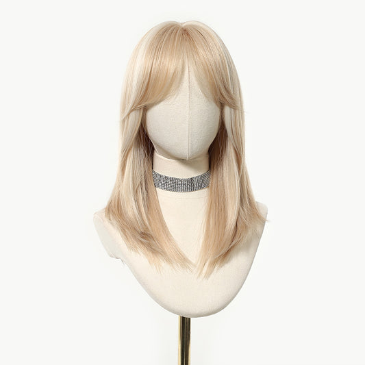 Platinum Blonde Balayage Mid-Length Wavy Wig - Layered Synthetic Hair 18 Inch - Synthetic Wig view 1
