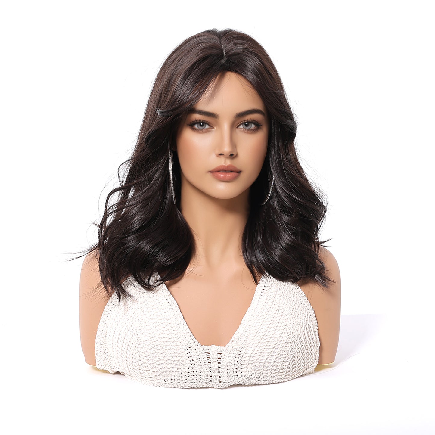 Dark Brown Short Bob Wig with Bangs – Layered Synthetic Hair 14 Inch
