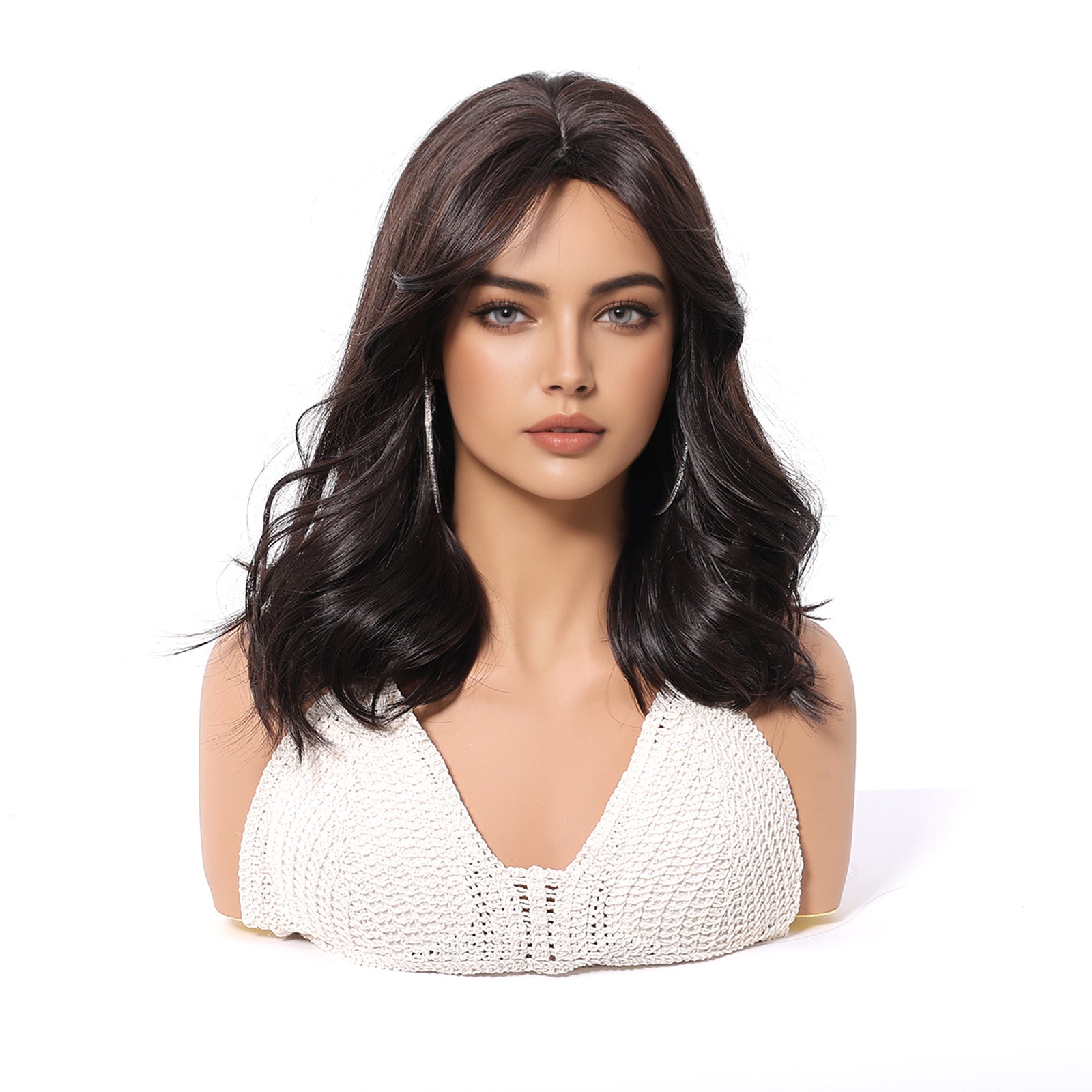 Dark Brown Short Bob Wig with Bangs – Layered Synthetic Hair 14 Inch