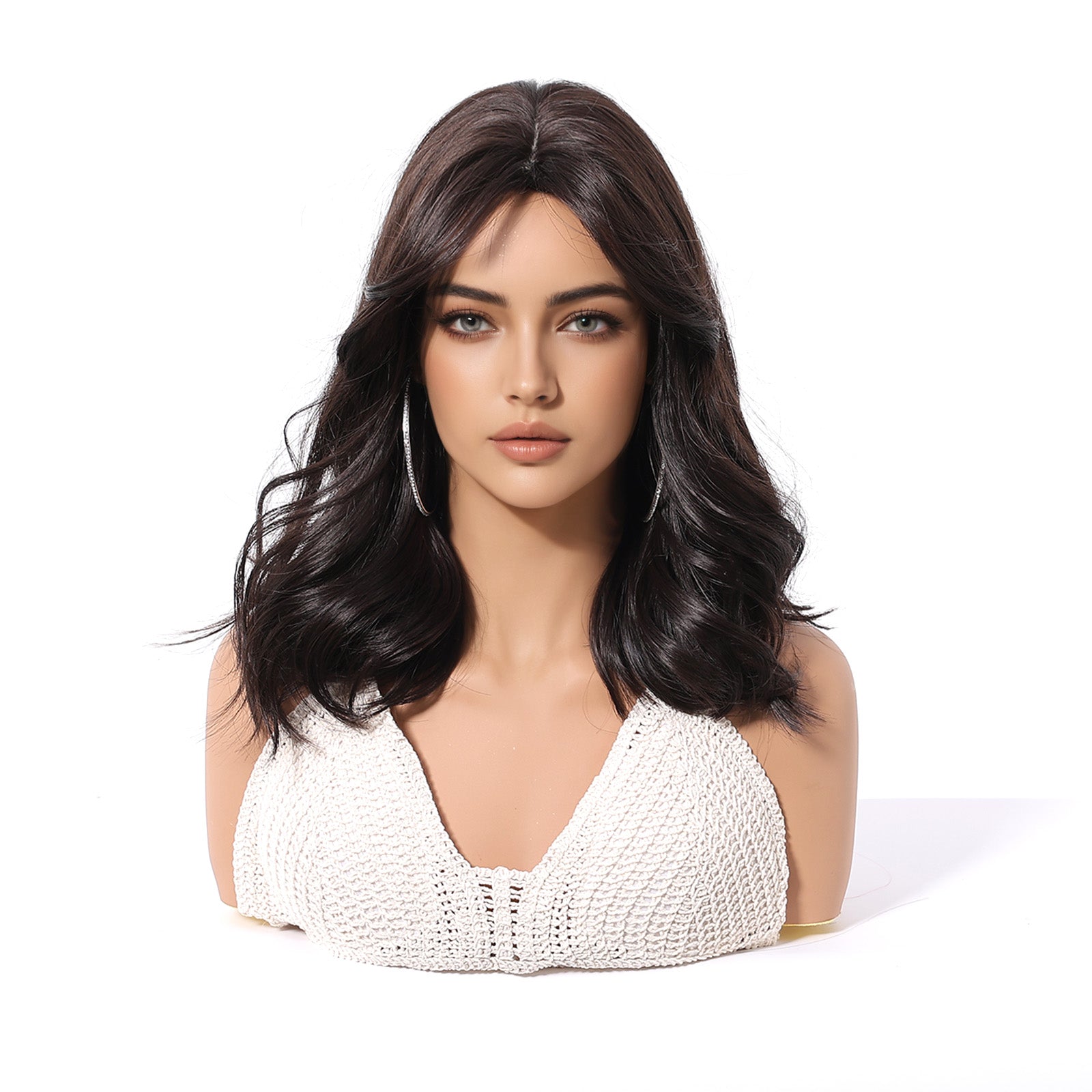 Dark Brown Short Bob Wig with Bangs – Layered Synthetic Hair 14 Inch