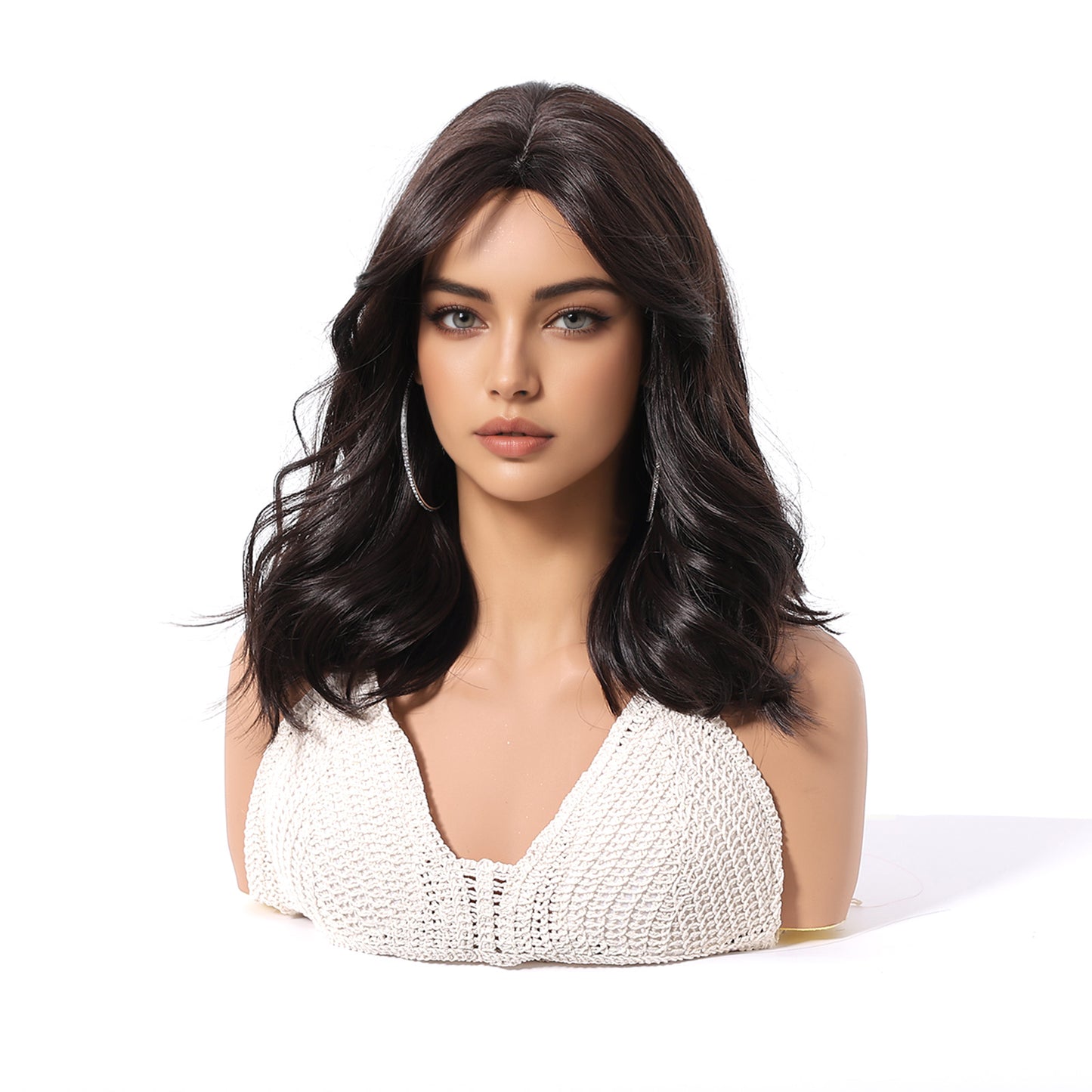 Dark Brown Short Bob Wig with Bangs – Layered Synthetic Hair 14 Inch