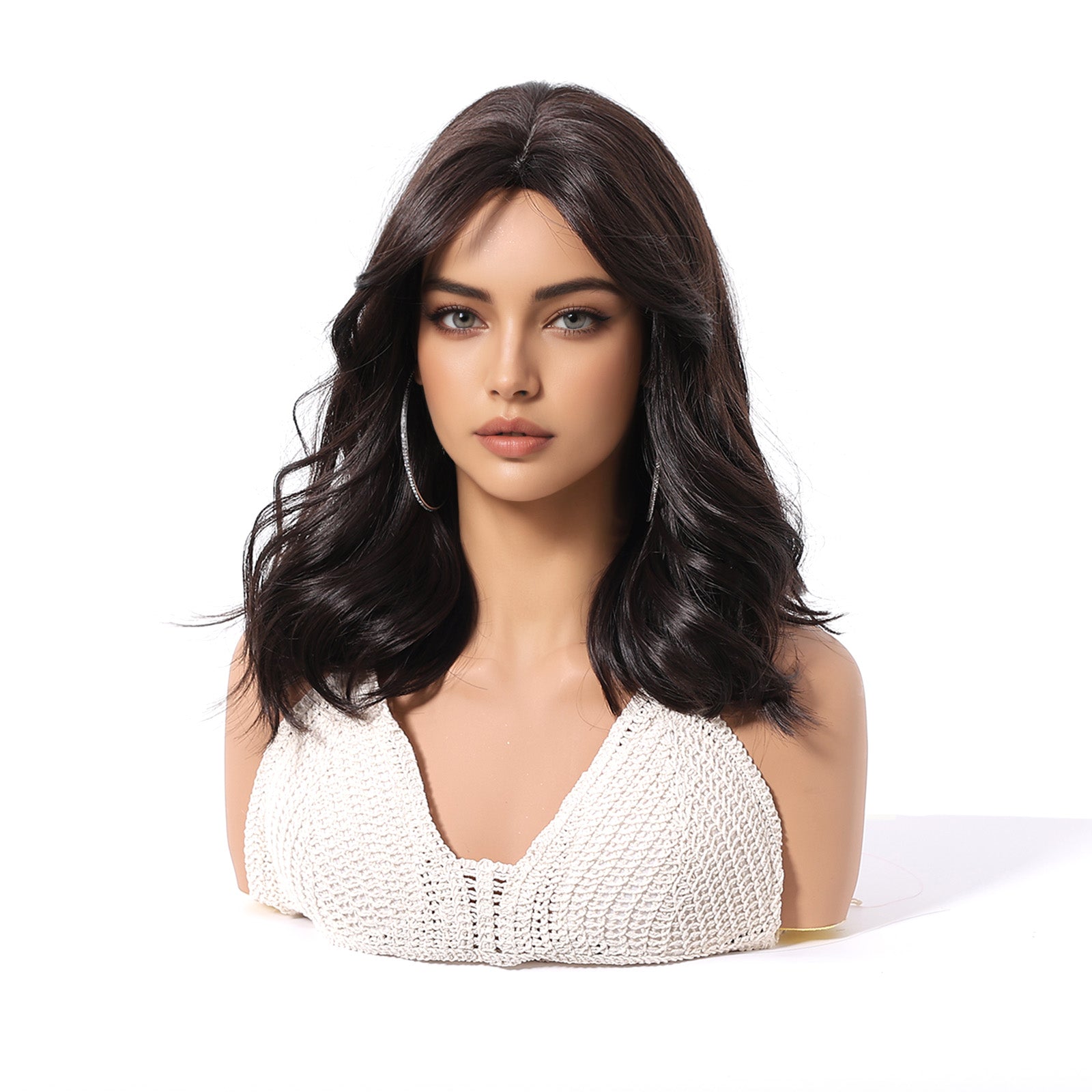 Dark Brown Short Bob Wig with Bangs – Layered Synthetic Hair 14 Inch