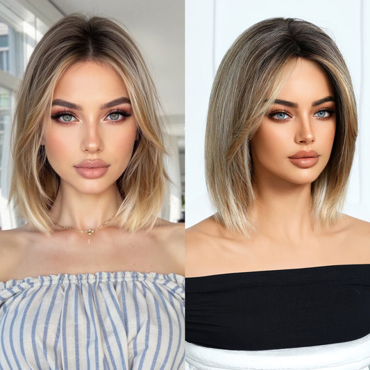 10 inch ash brown balayage bob wig - honey blonde synthetic wig product view 2