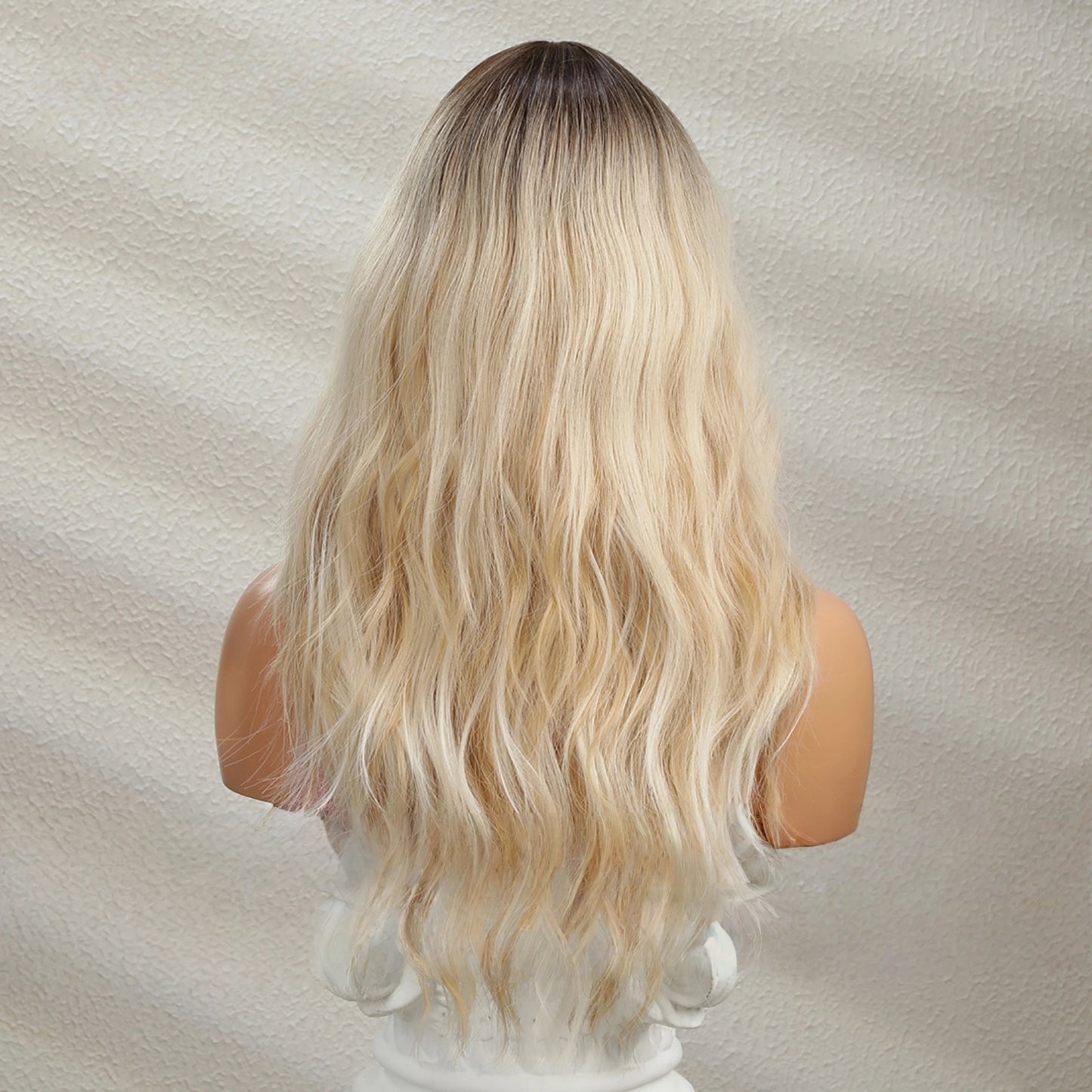 Platinum Blonde Long Body Wave Wig with Bangs – Rooted Ash Golden Synthetic Hair