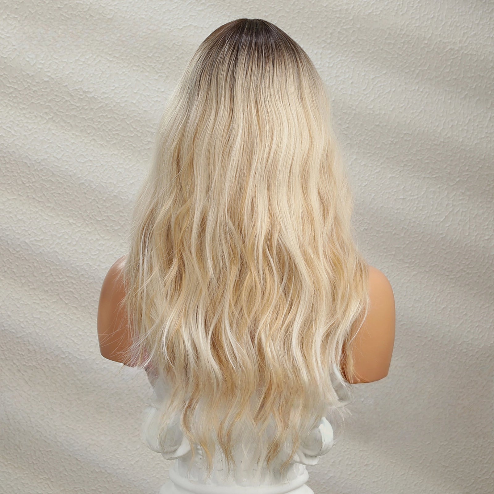 Platinum Blonde Long Body Wave Wig with Bangs – Rooted Ash Golden Synthetic Hair