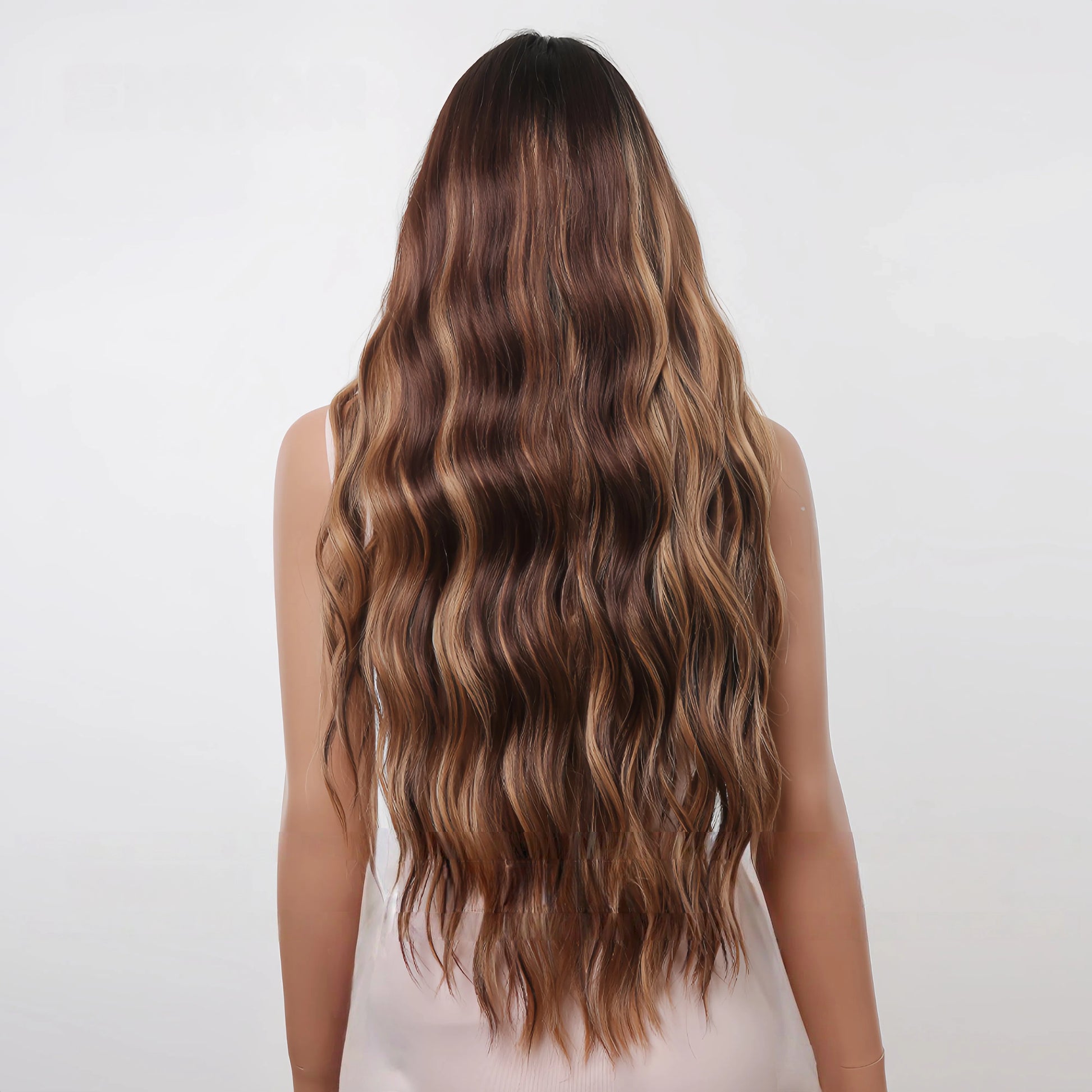 Brown Balayage Long Wavy Wig with Air Bangs - Sun-Kissed Caramel Highlights - Synthetic Wig view 2