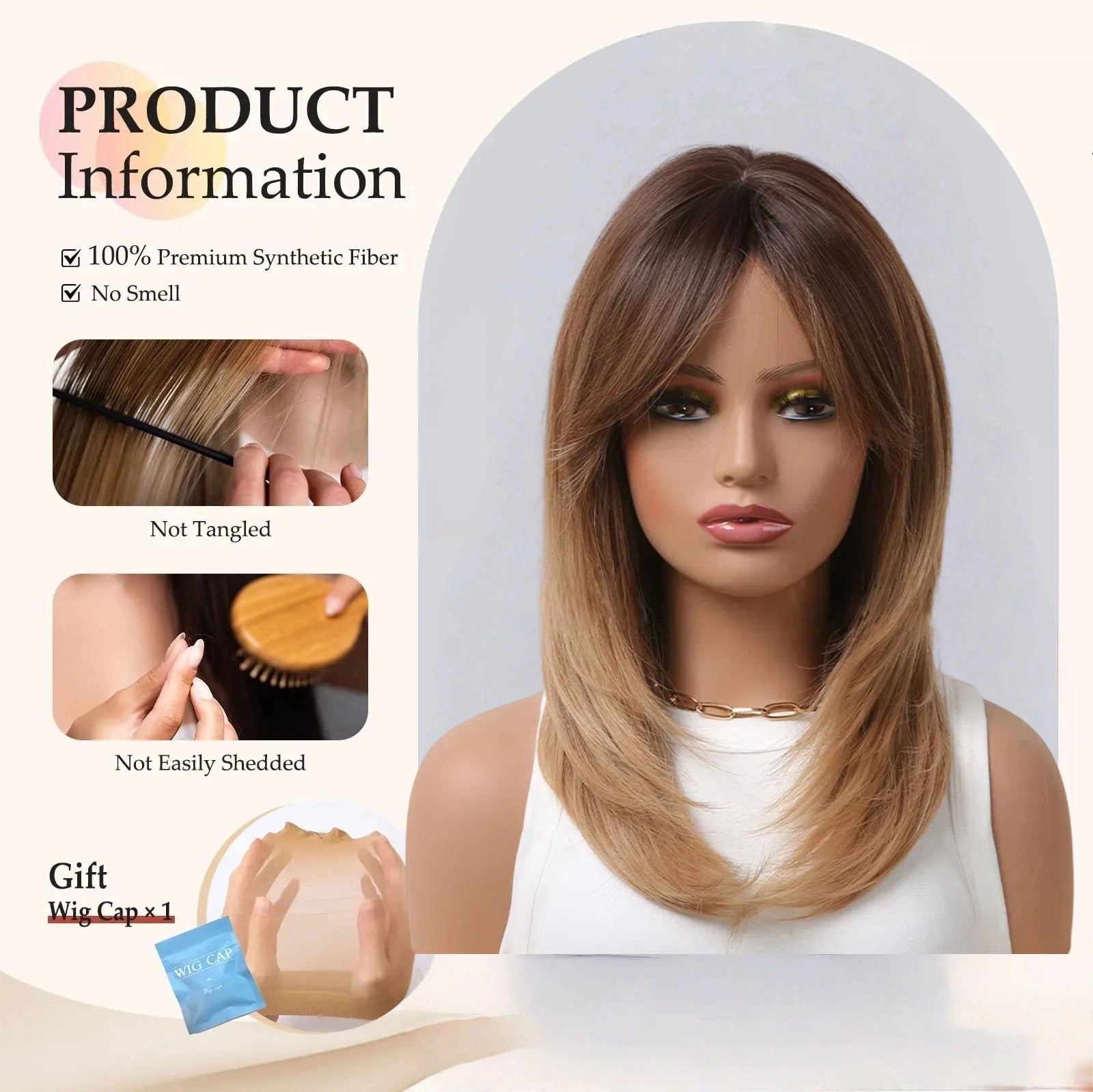 Shoulder Length Warm Brown Caramel Straight Wig with Bangs - Synthetic Hair