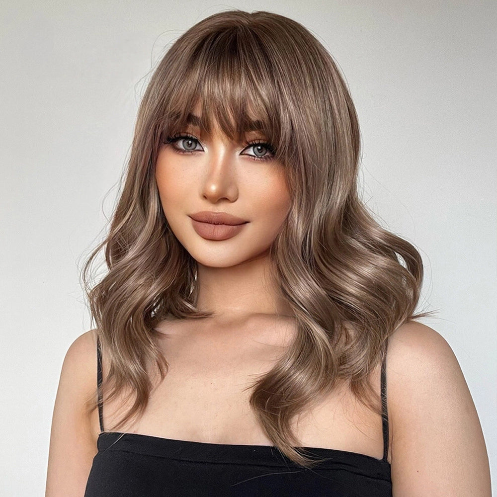 Ash Brown Balayage Body Wave Wig with Bangs – Caramel Honey Blonde Highlights