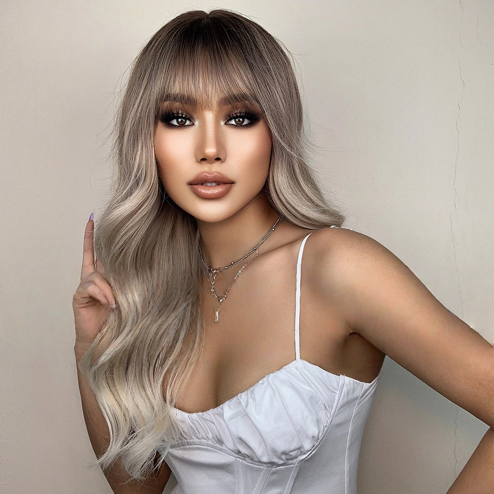 Ash Blonde Long Body Wave Wig – Dark Rooted Platinum Synthetic Hair
