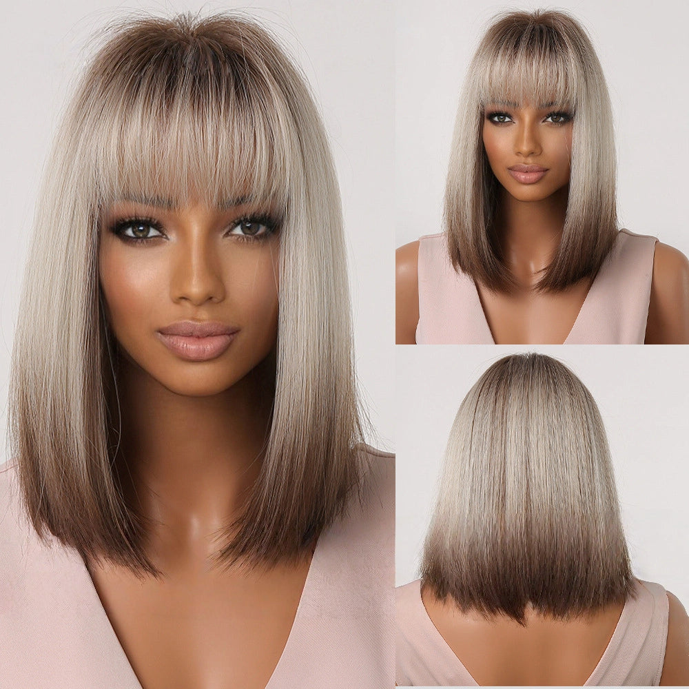 Ash Blonde Rooted Short Bob Wig – Dark Root Silver Tip Synthetic Hair
