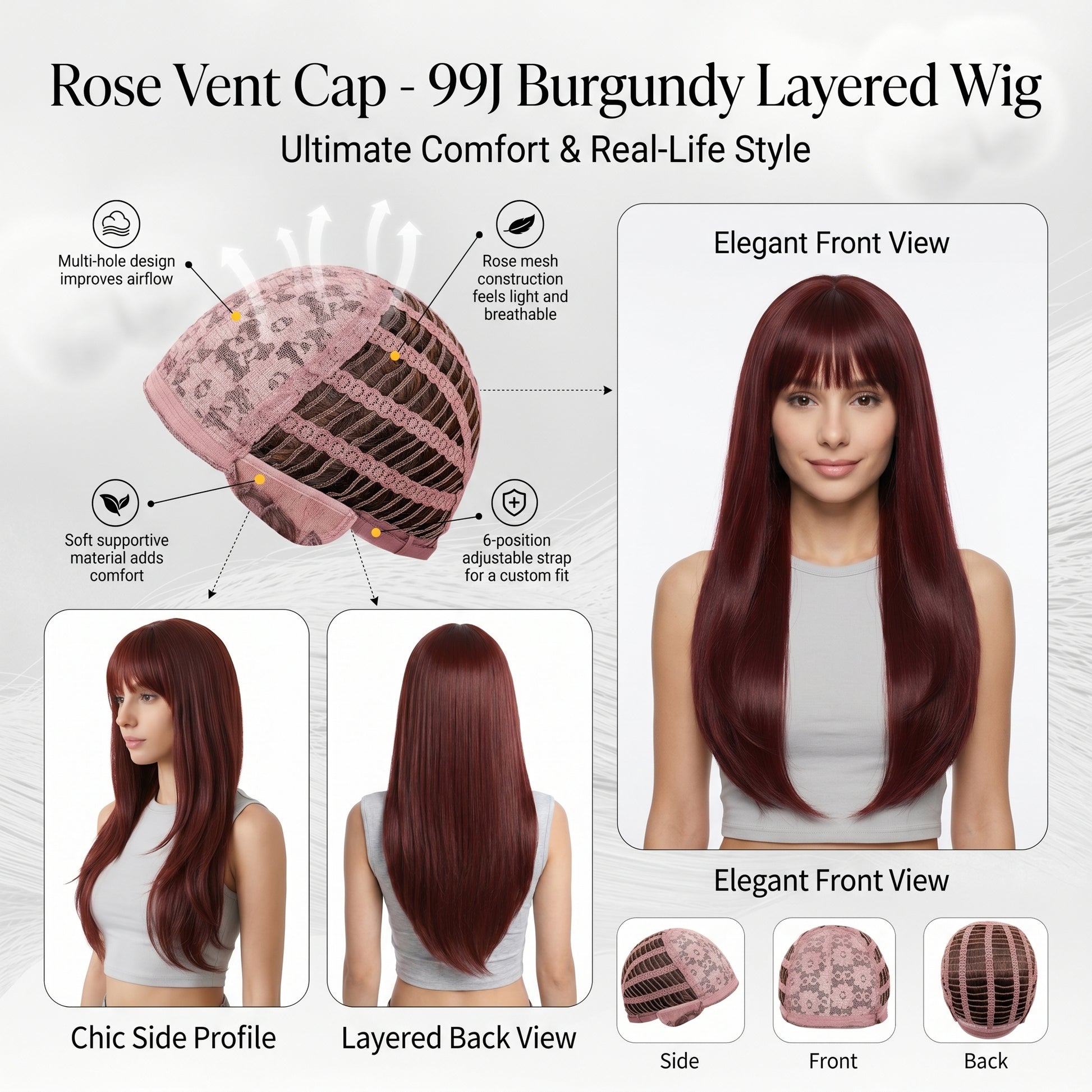 Burgundy Long Straight Wig with Bangs - Deep Wine Red Synthetic Hair - Synthetic Wig view 5