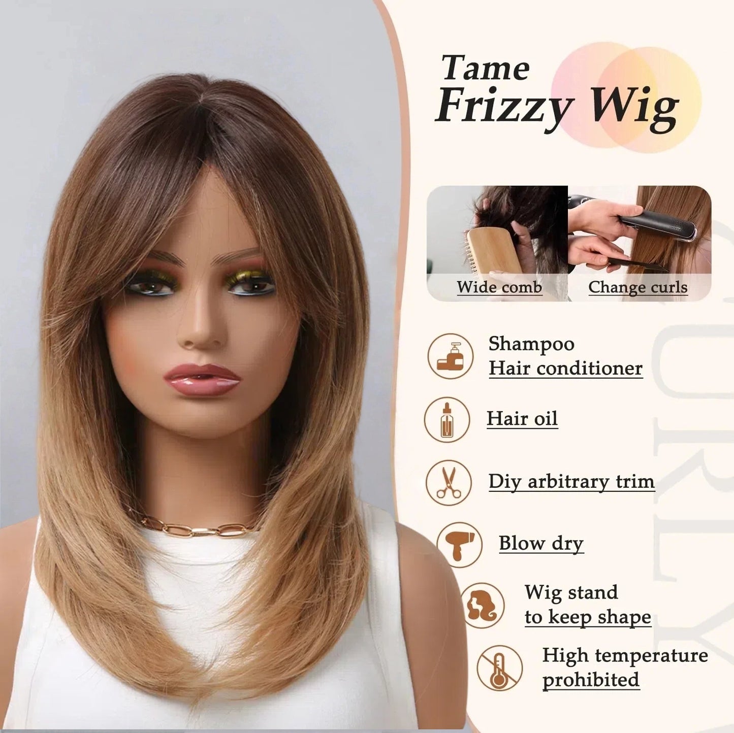 Shoulder Length Warm Brown Caramel Straight Wig with Bangs - Synthetic Hair