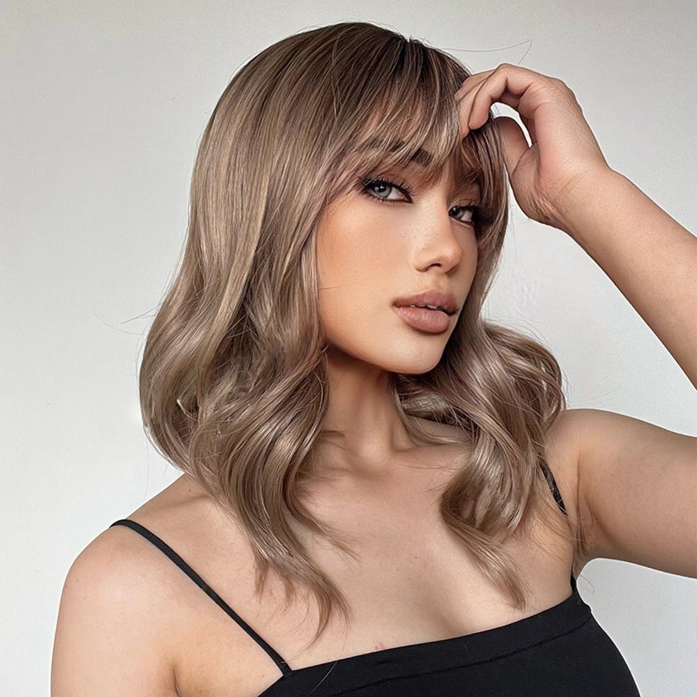 Product photo of Ash Brown Balayage Body Wave Wig with Bangs – Caramel Honey Blonde Highlights