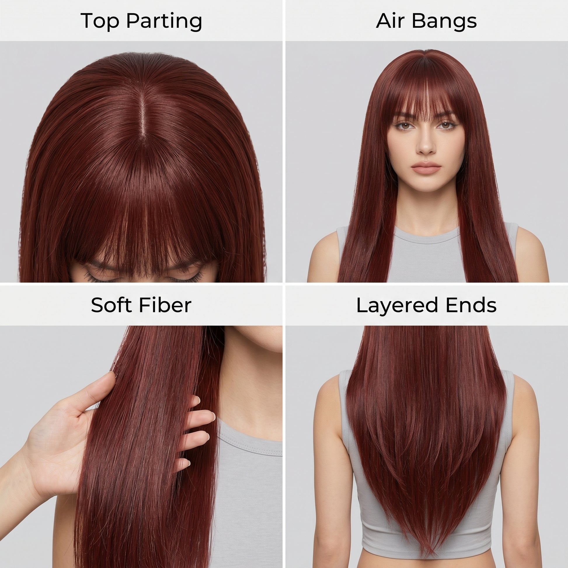 Burgundy Long Straight Wig with Bangs - Deep Wine Red Synthetic Hair - Synthetic Wig view 4