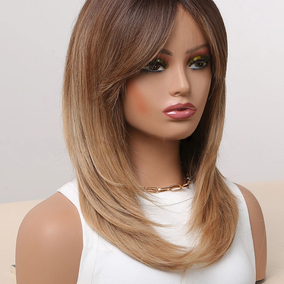 Shoulder Length Warm Brown Caramel Straight Wig with Bangs - Synthetic Hair
