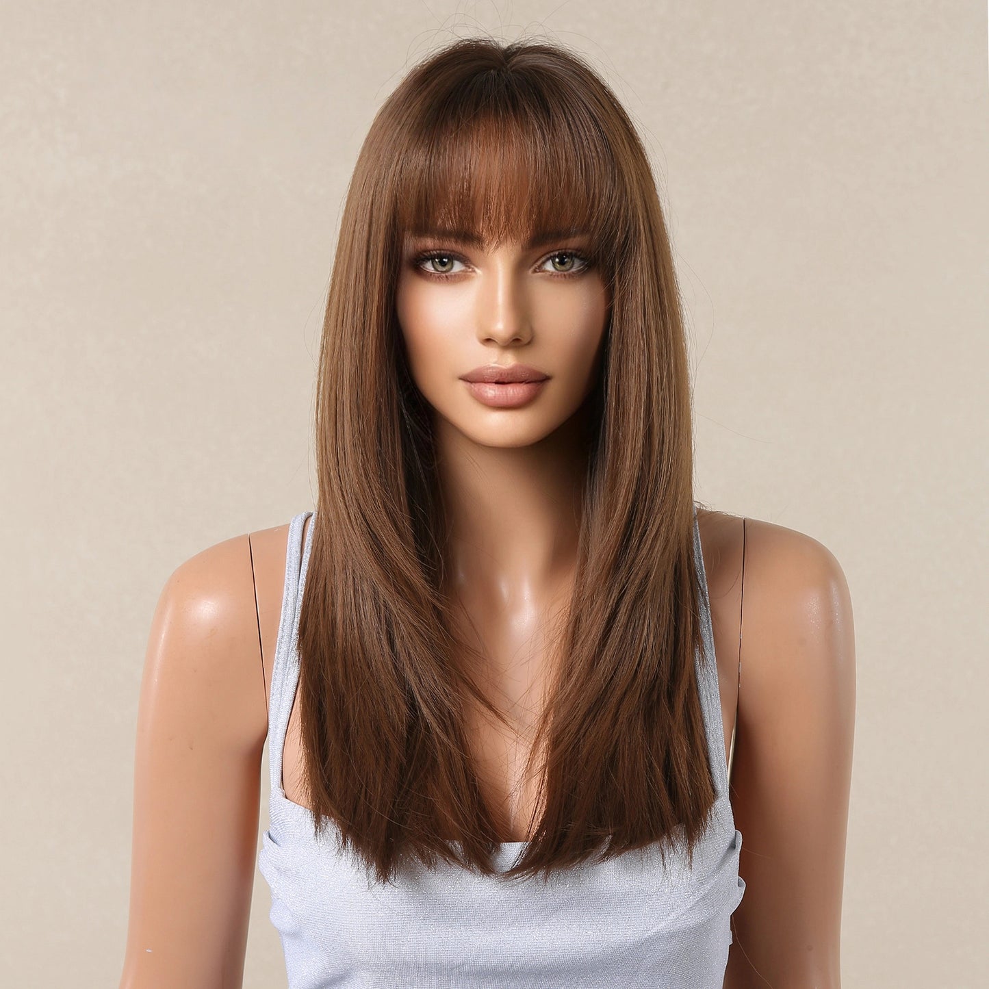 Ash Brown Long Straight Wig with Bangs – Caramel Honey Blonde Highlights