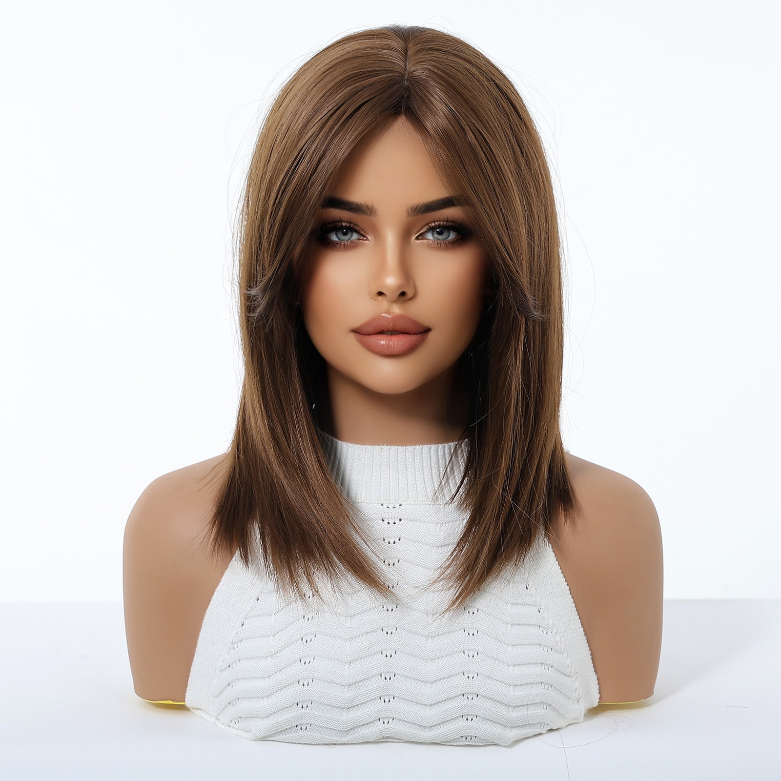 Chestnut Brown Wavy Bob with Caramel Highlights - Layered Synthetic Hair 14 Inch - Synthetic Wig view 4