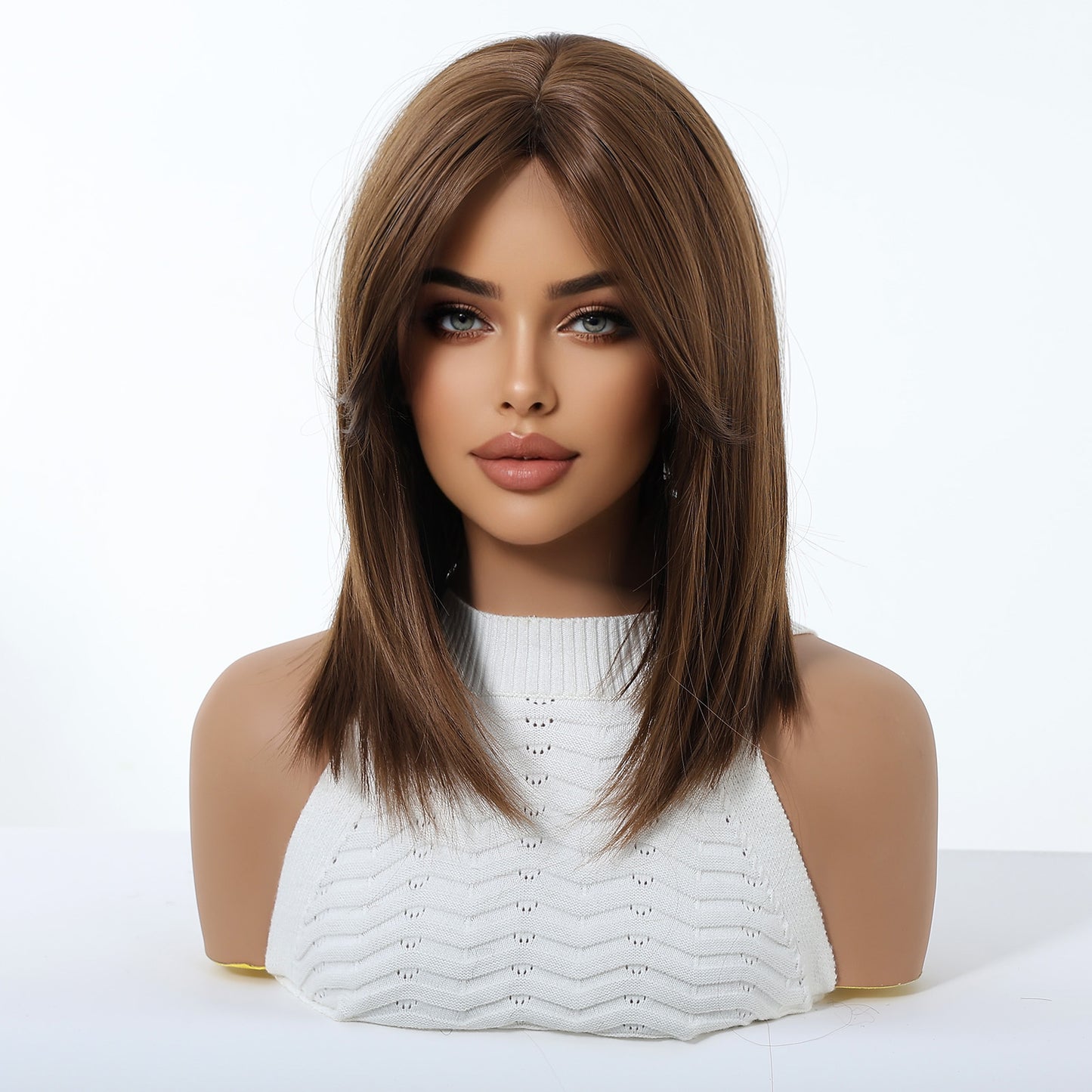 Chestnut Brown Wavy Bob with Caramel Highlights - Layered Synthetic Hair 14 Inch - Synthetic Wig view 3