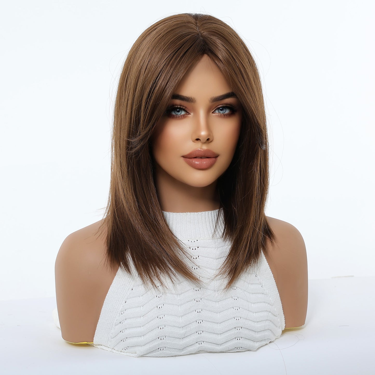 Chestnut Brown Wavy Bob with Caramel Highlights - Layered Synthetic Hair 14 Inch - Synthetic Wig view 2