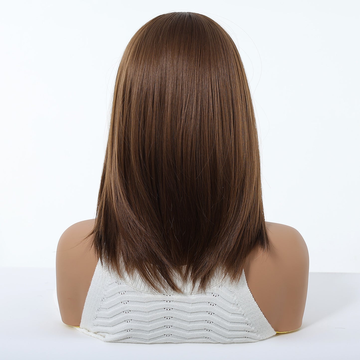 Chestnut Brown Wavy Bob with Caramel Highlights - Layered Synthetic Hair 14 Inch - Synthetic Wig view 1