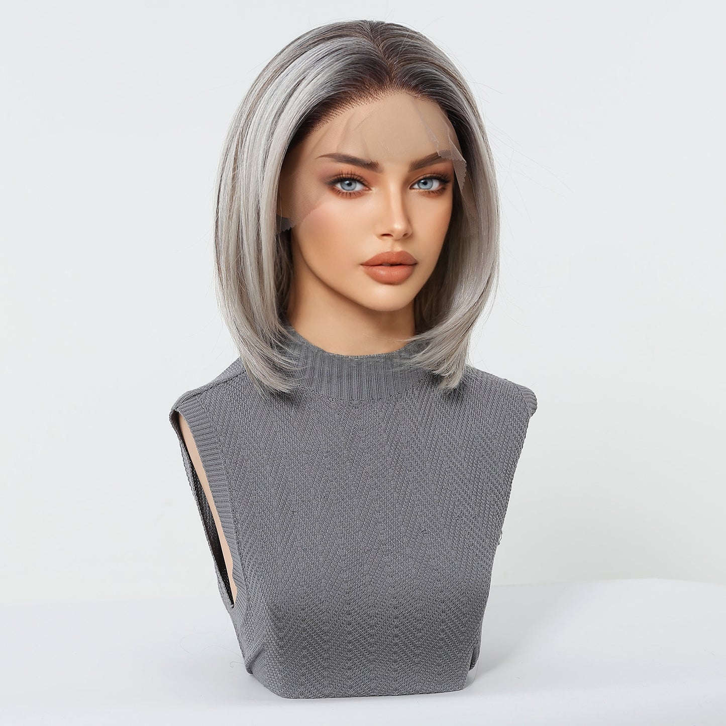 Platinum Blonde Short Bob Wig with Bangs - Layered Synthetic Hair 12 Inch - Synthetic Wig view 4