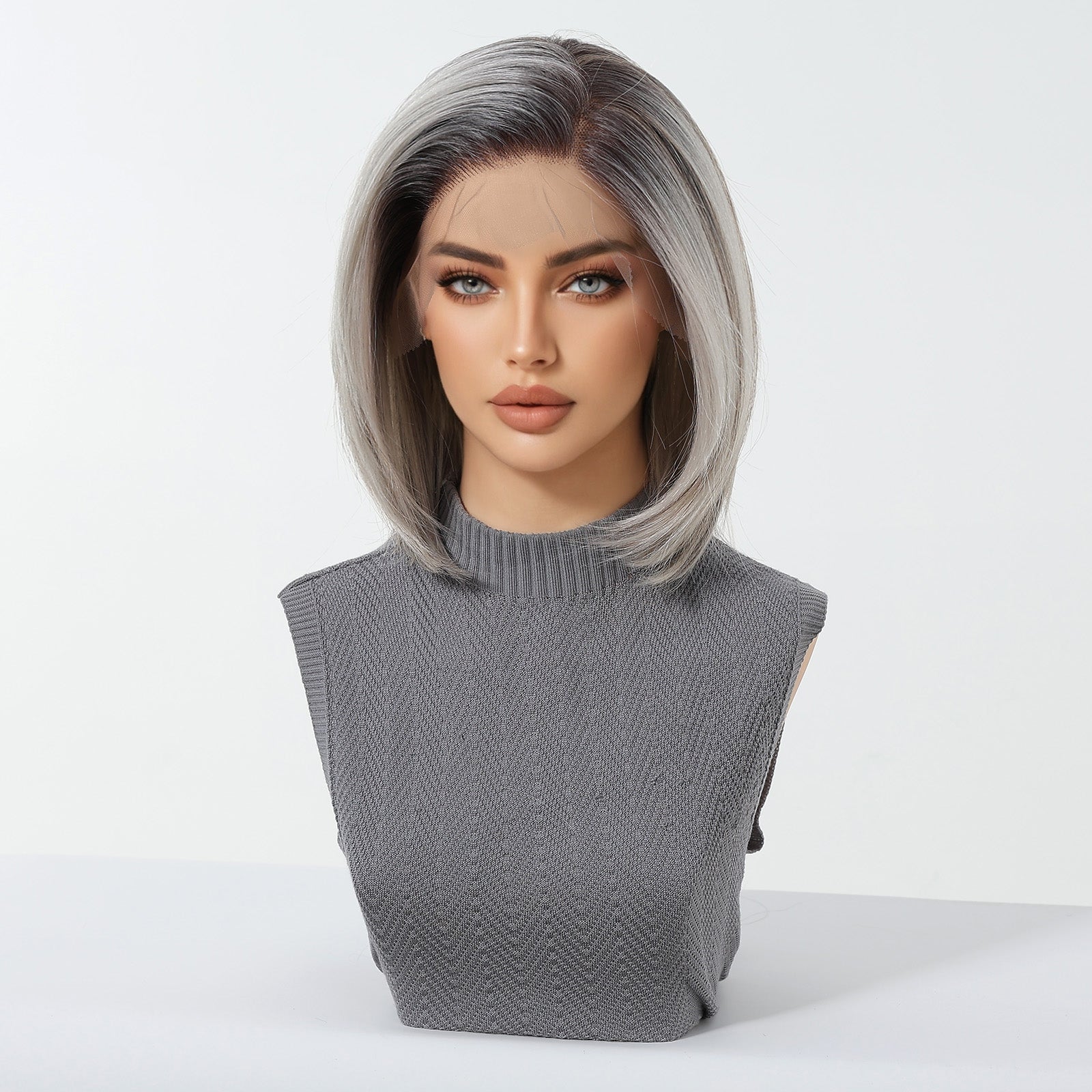 Platinum Blonde Short Bob Wig with Bangs - Layered Synthetic Hair 12 Inch - Synthetic Wig view 5