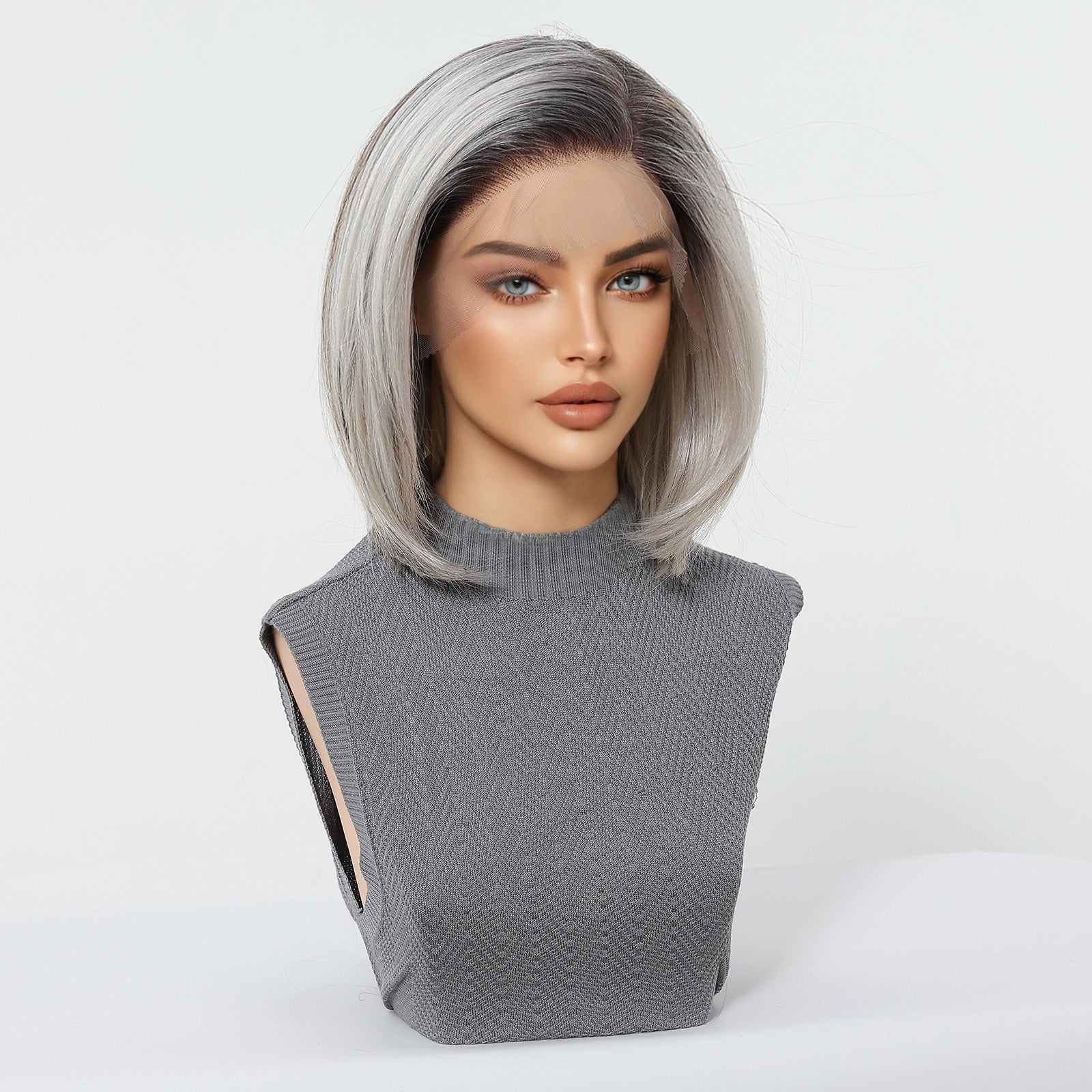 Platinum Blonde Short Bob Wig with Bangs - Layered Synthetic Hair 12 Inch - Synthetic Wig view 2