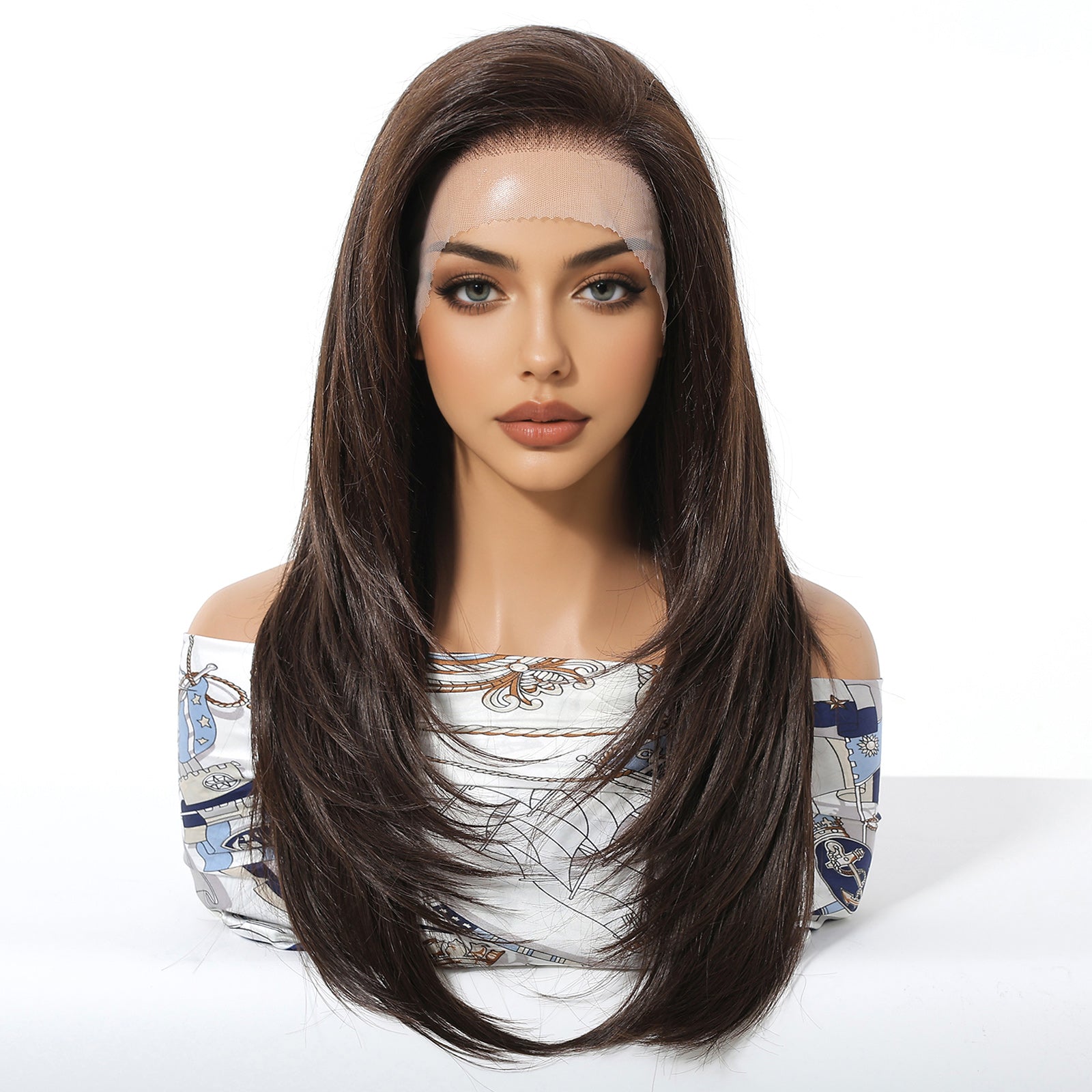 24 Inch Chestnut Brown Balayage Straight Wig - Synthetic Hair - Synthetic Wig