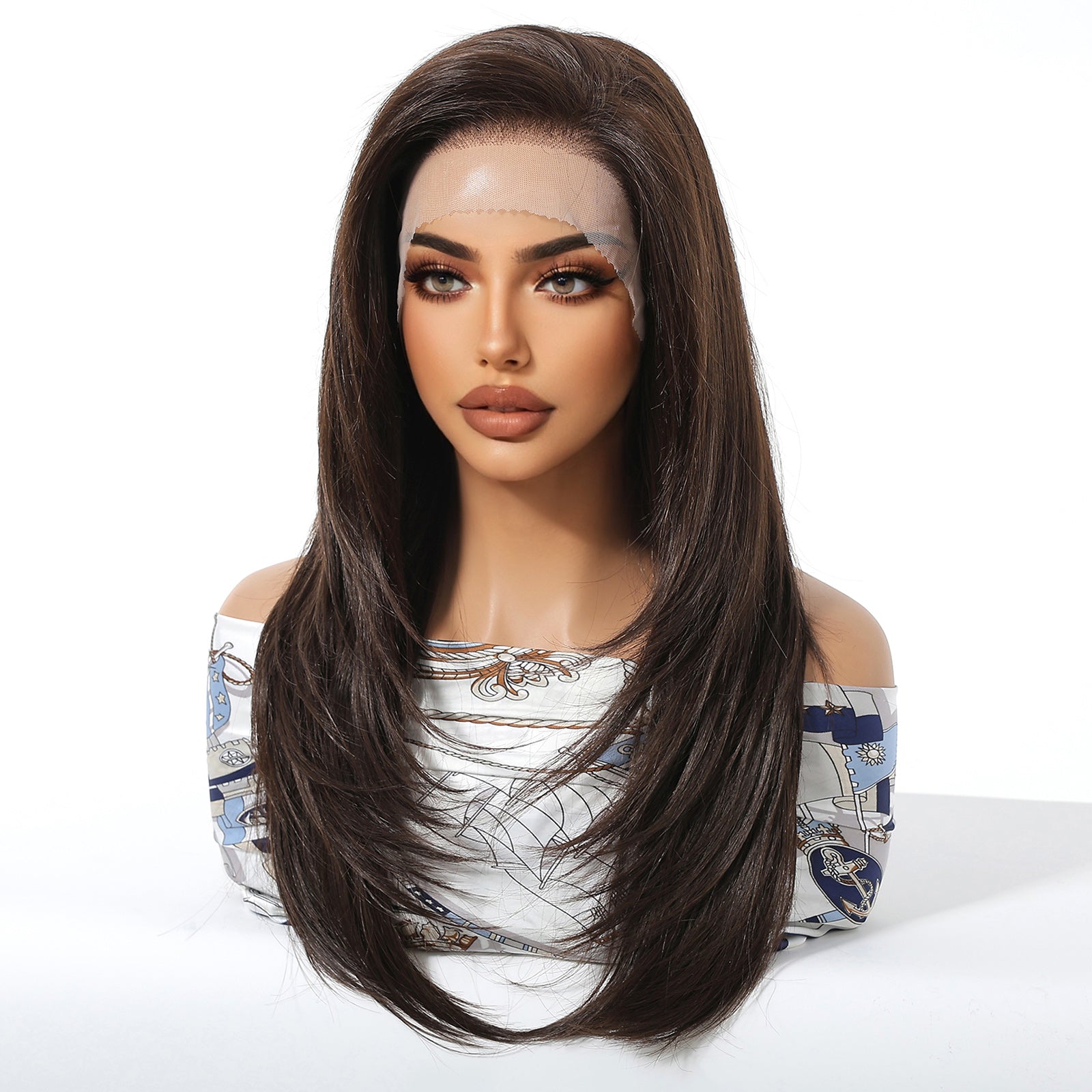 24 Inch Chestnut Brown Balayage Straight Wig - Synthetic Hair