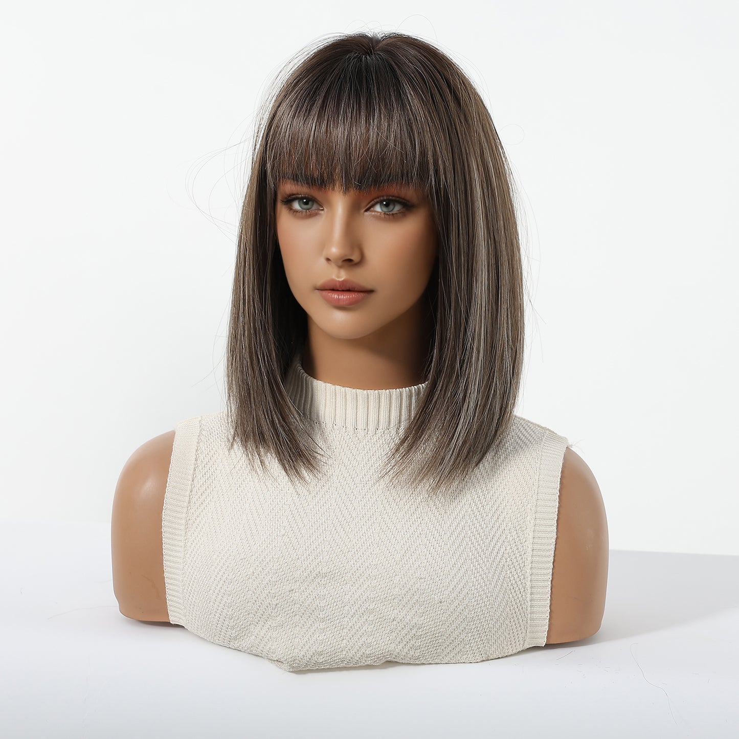ash brown bob wig with bangs synthetic hair texture detail