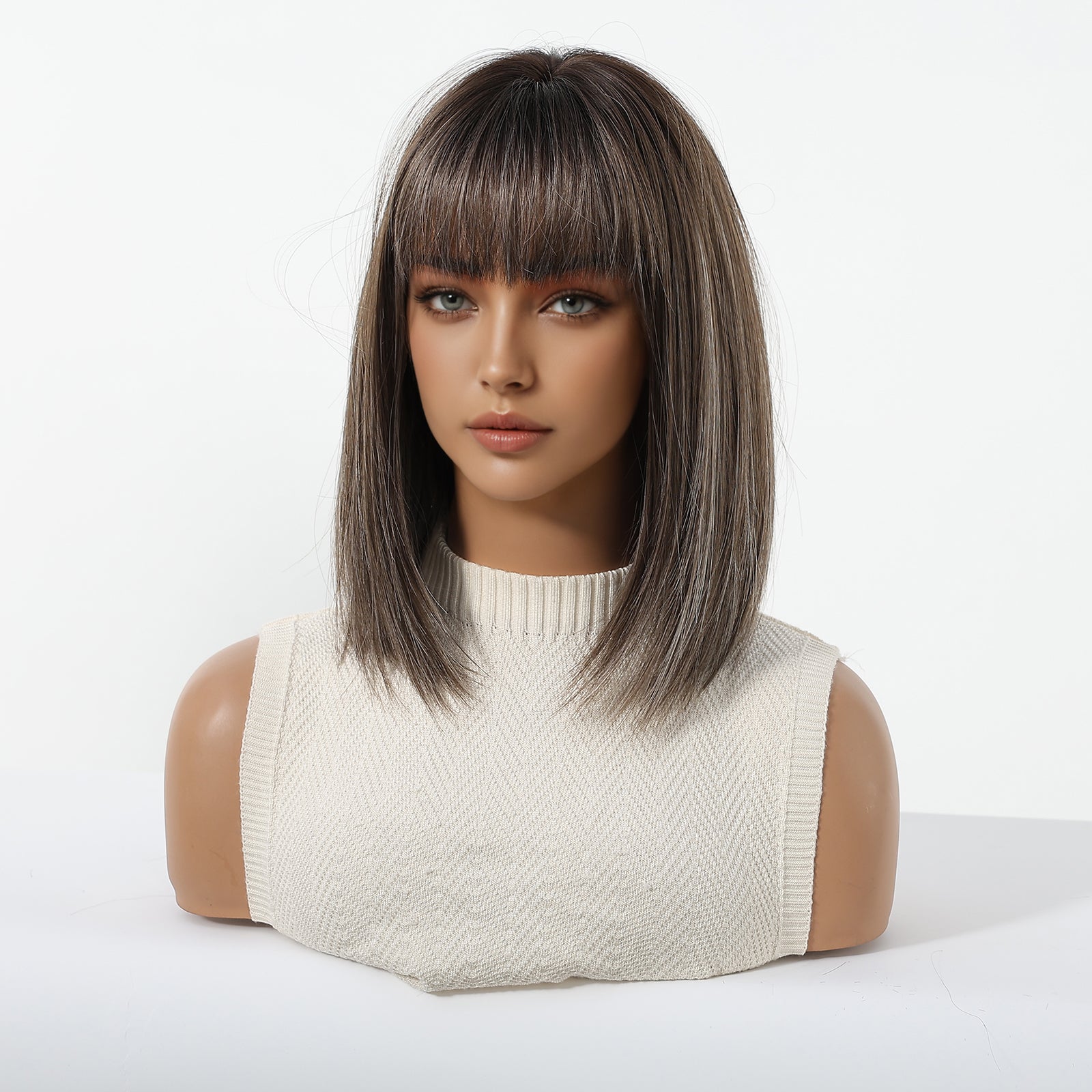 ash brown bob wig with bangs synthetic hair texture detail