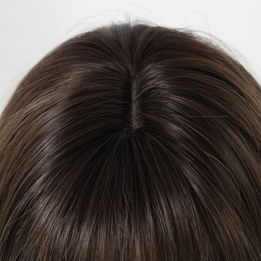 ash brown balayage short bob wig with bangs side view