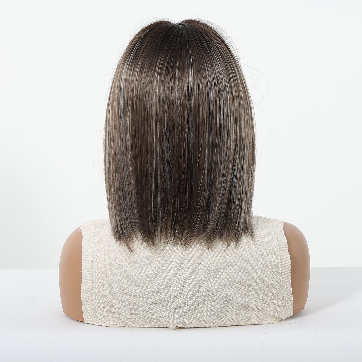 12 inch ash brown layered synthetic bob wig with face framing highlights