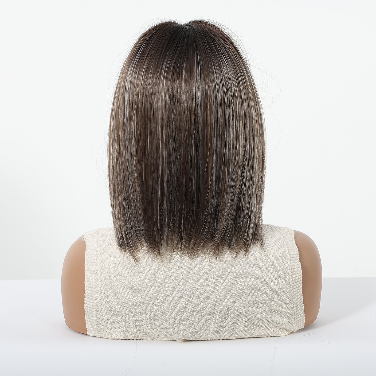 12 inch ash brown layered synthetic bob wig with face framing highlights