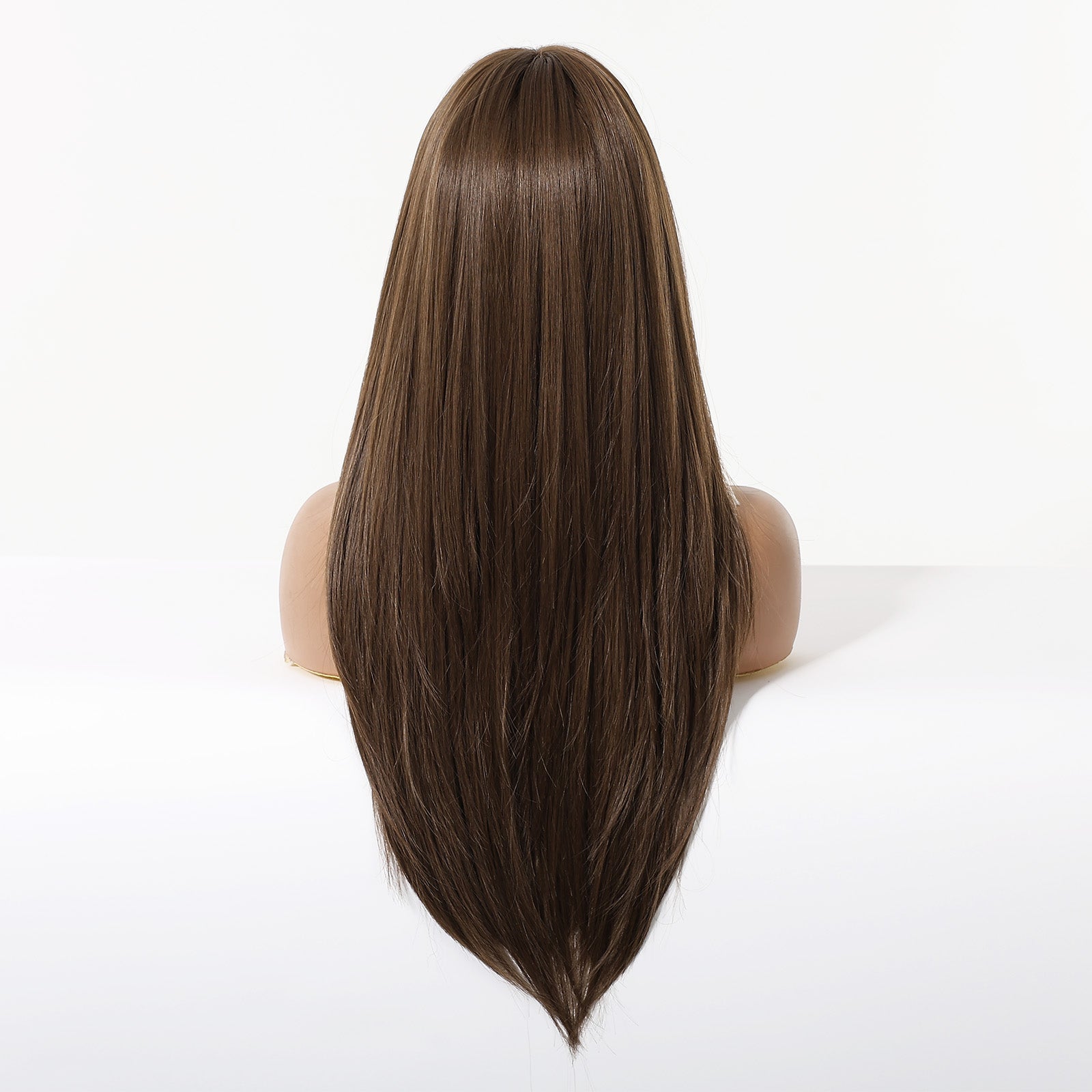 Warm Brown Long Wavy Wig with Bangs – Layered Synthetic Hair 24 Inch