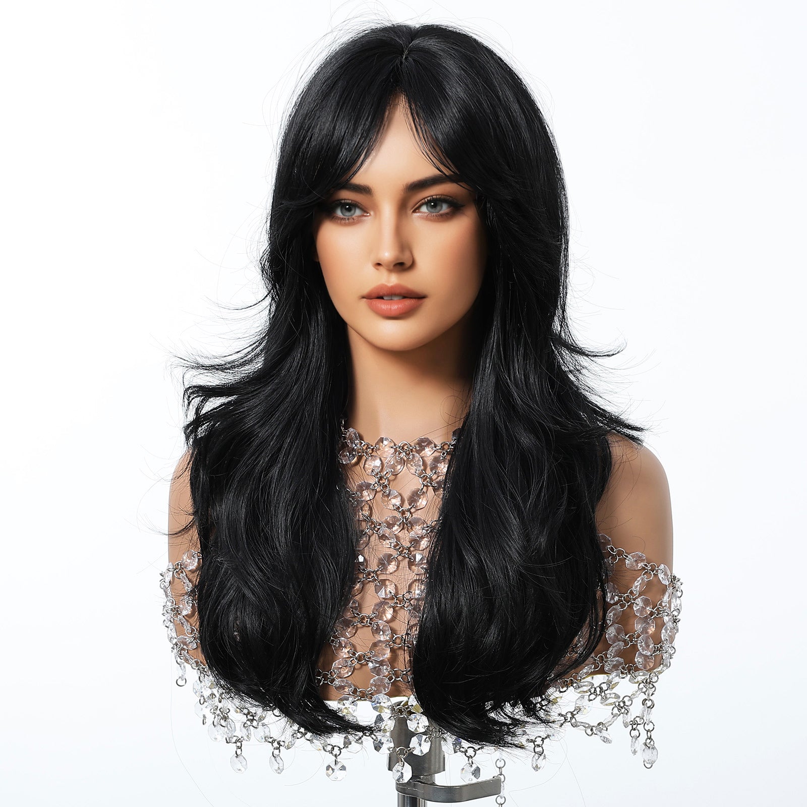 24 Inch Jet Black Wavy Wig with Bangs - Synthetic Hair