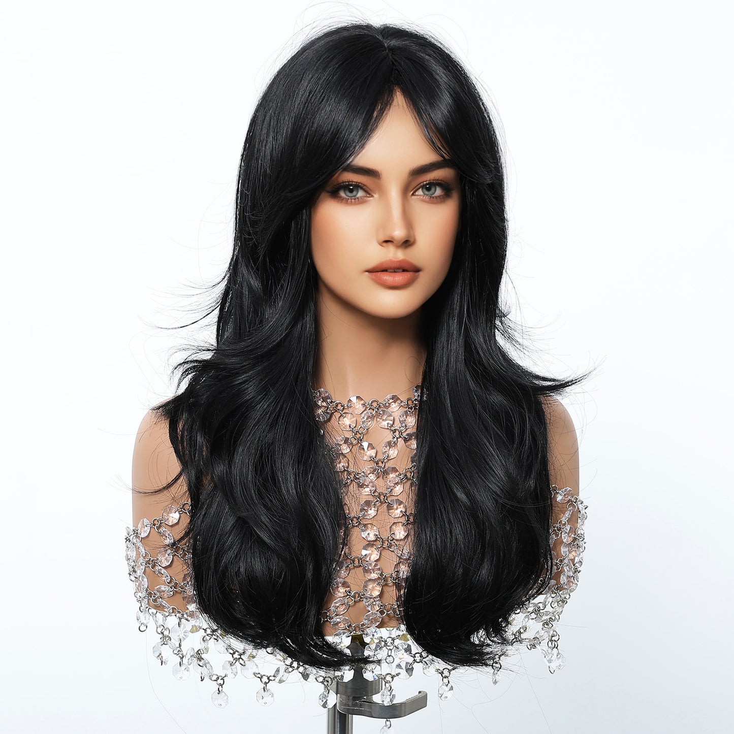 24 Inch Jet Black Wavy Wig with Bangs - Synthetic Hair