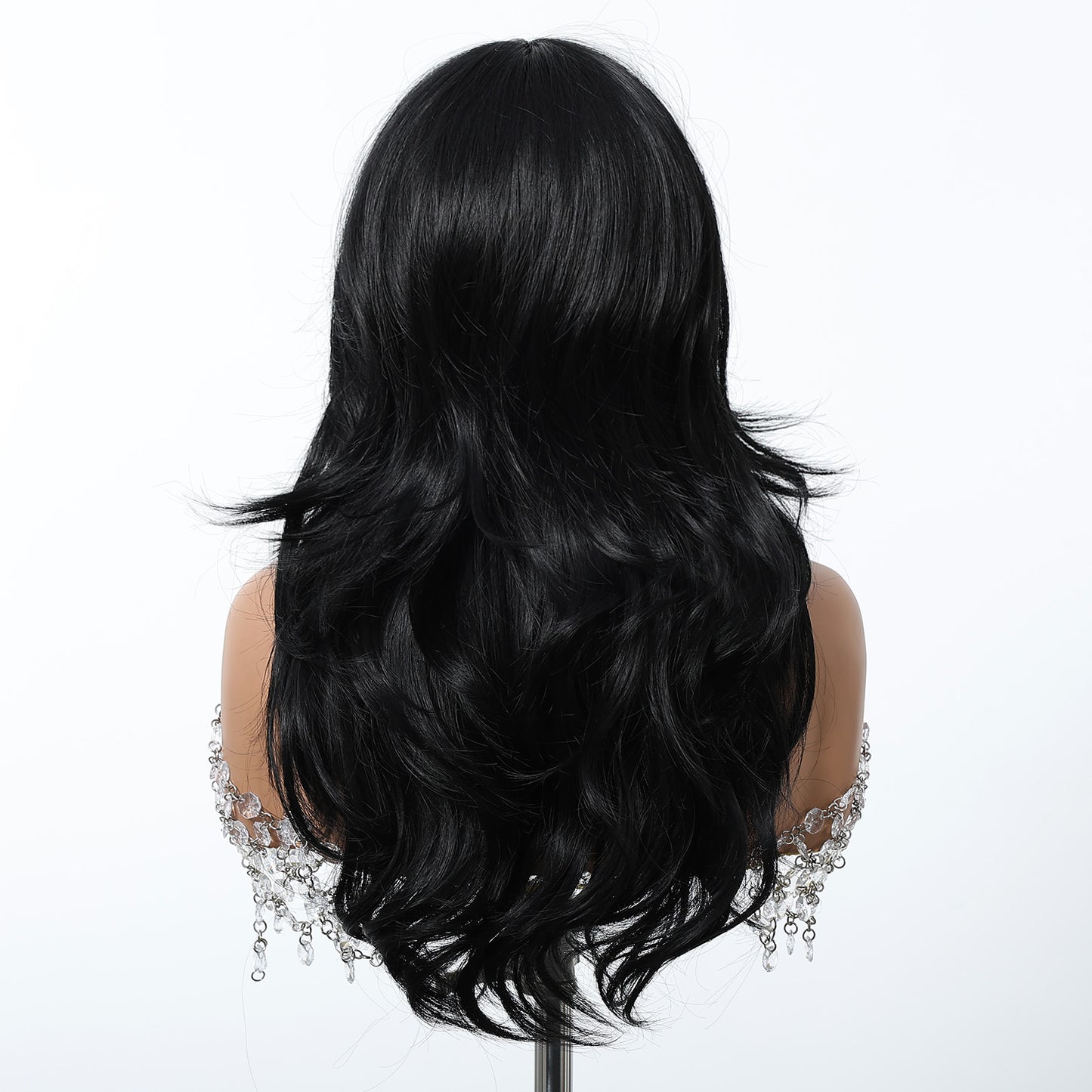 24 Inch Jet Black Wavy Wig with Bangs - Synthetic Hair