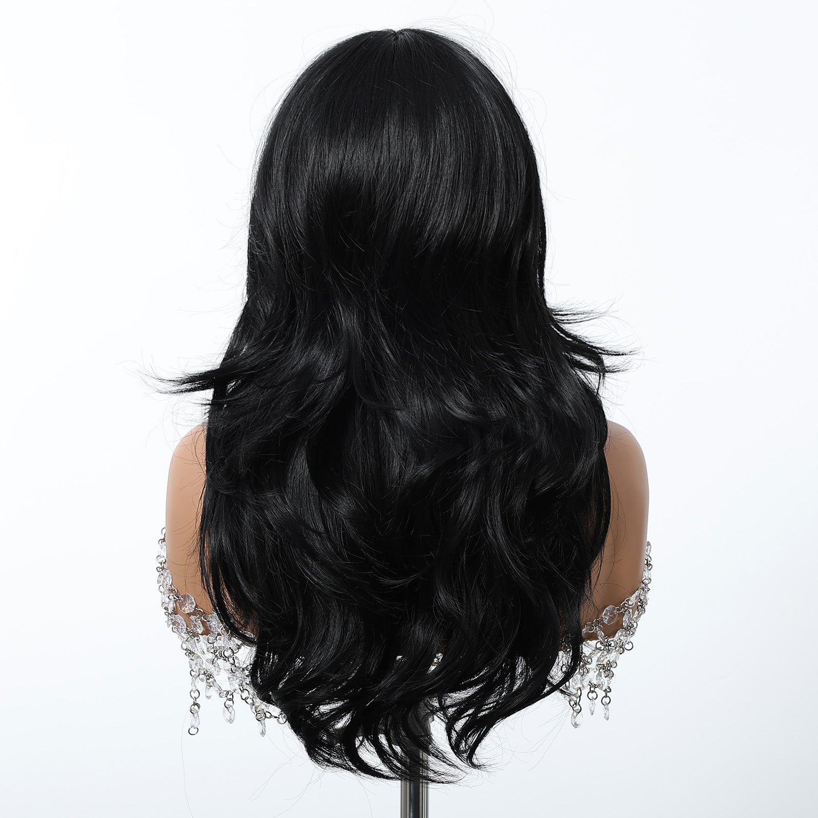 24 Inch Jet Black Wavy Wig with Bangs - Synthetic Hair