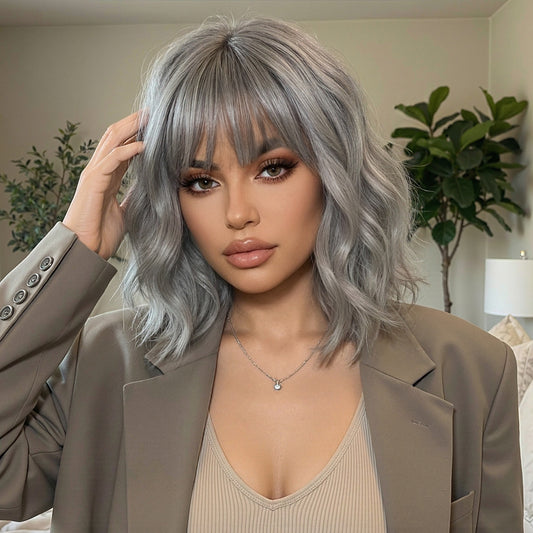 Silver Grey Shoulder-Length Bob Wig - Layered Synthetic Hair 14 Inch - Synthetic Wig view 5