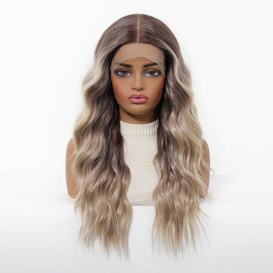 Ash blonde ombre long wavy synthetic wig with dark roots - view 1