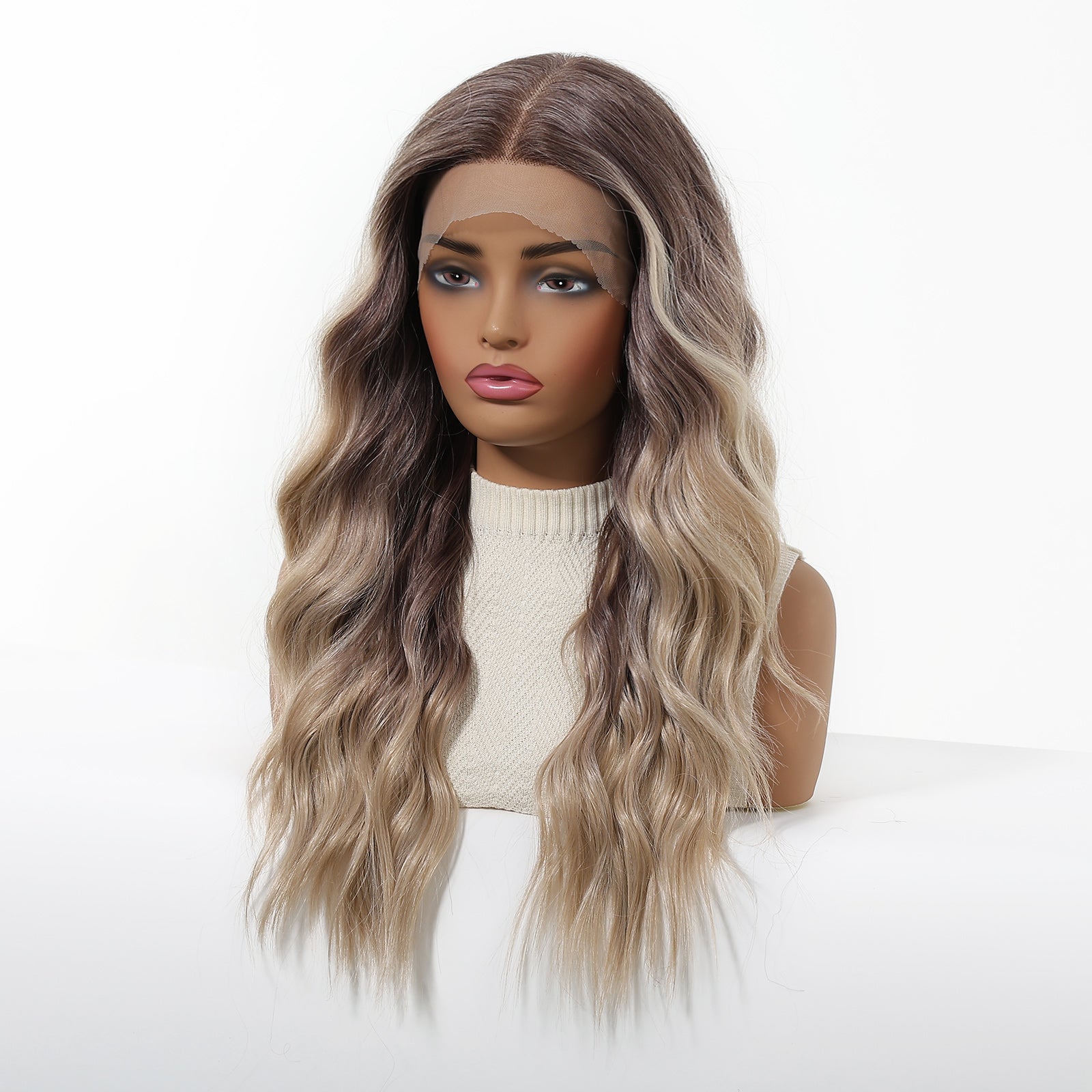Ash blonde ombre long wavy synthetic wig with dark roots - view 8