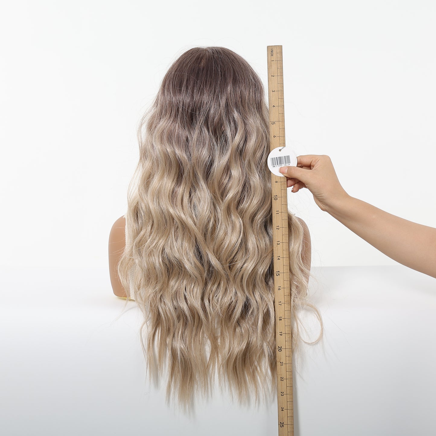 Ash blonde ombre long wavy synthetic wig with dark roots - view 9