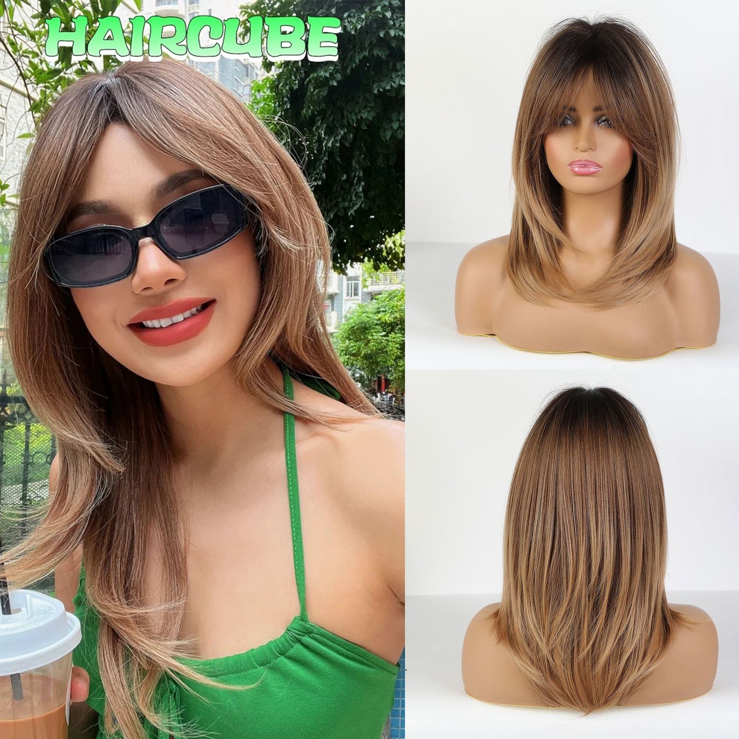 Shoulder Length Warm Brown Caramel Straight Wig with Bangs - Synthetic Hair